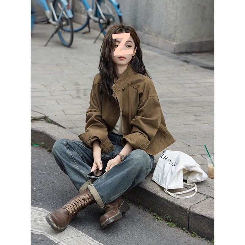 

Ретро Кофейная Джинсовая Куртка-Шорты - Женская Свободного Кроя, Воротник-Стойка, Ранняя Осень 2025 S