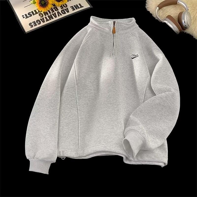 2025 Velvet Winter Half-Zip Stand Collar Raglan Sleeve Hoodie - Unisex Loose Fit L