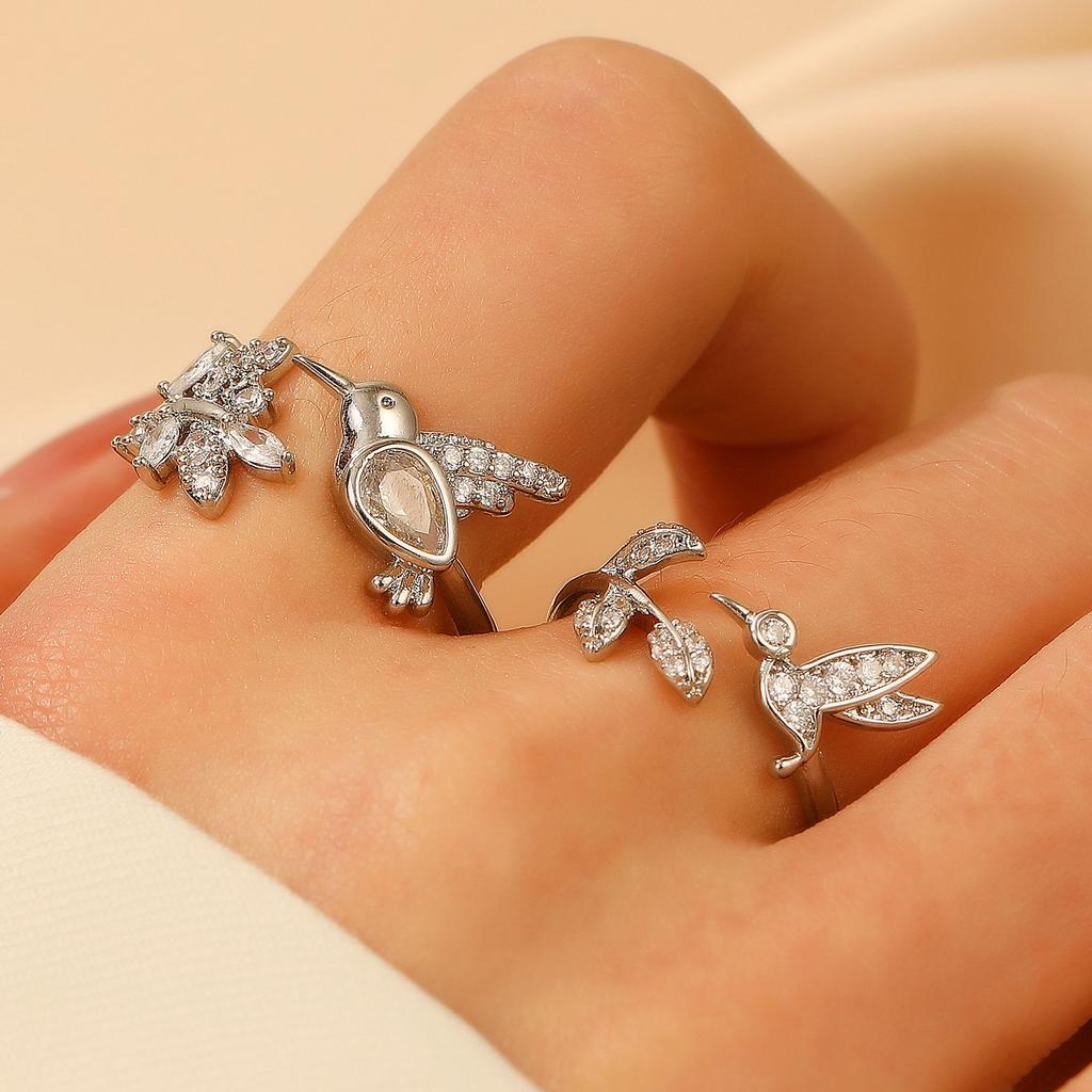 Hummingbird & Flower Open Ring Collection, Gold/Silver Tone Adjustable Gemstone Bird Rings for Women