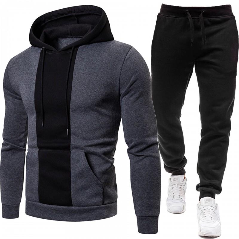 Mens Casual Hooded Long Sleeve Solid Color Stitched Two-Piece Set Winter Sportswear Outfit