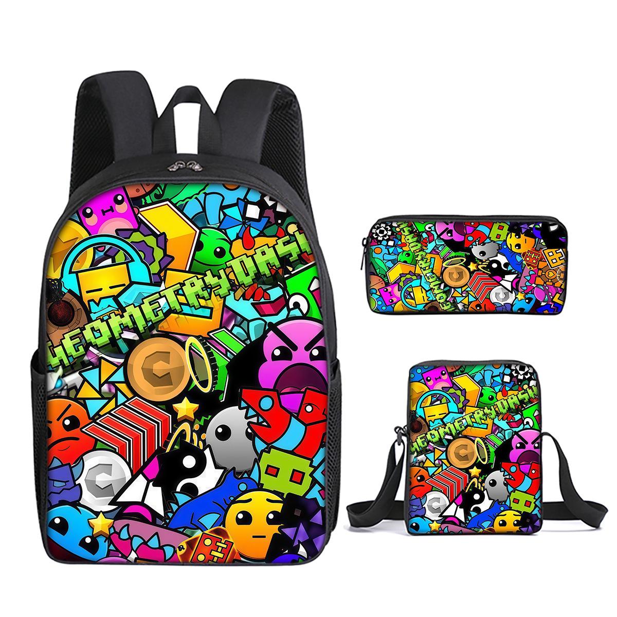 Klassiek Populair Geometry Dash 3D Geprint 3 stuks/Set leerling Schooltassen Laptop Dagrugzak Rugzak Schuin gedragen schoudertas Etui