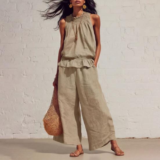 2 Stück/Set Sommer Damen Outfit Western-Stil Vintage Bohemian Rüschen Baumwoll-Leinen Anzug Mode Lockerer Anzug