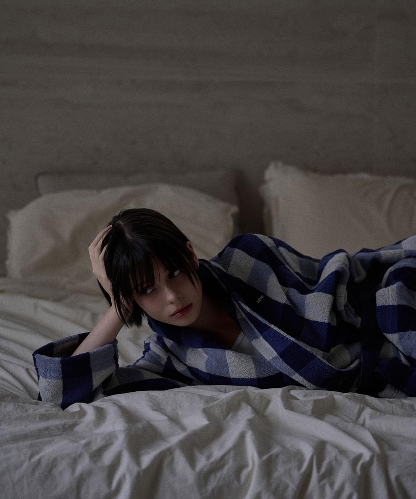 Teto Supima Bath Robe Checkerboard Blue