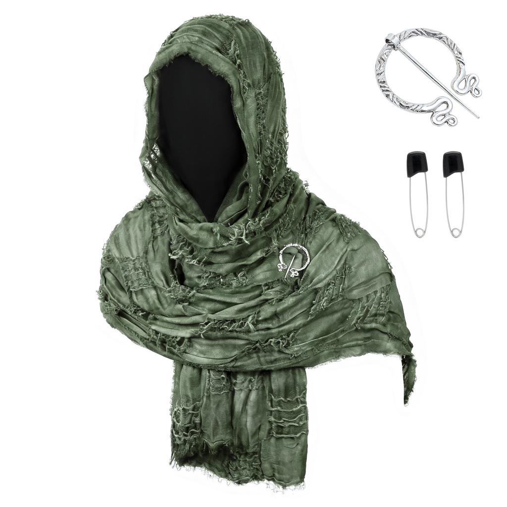 Medieval Style Hooded Cloak Scarf with Distressed Fabric and Metal Brooch Fastener for Cosplay LARP Renaissance Festival Costume Accessory