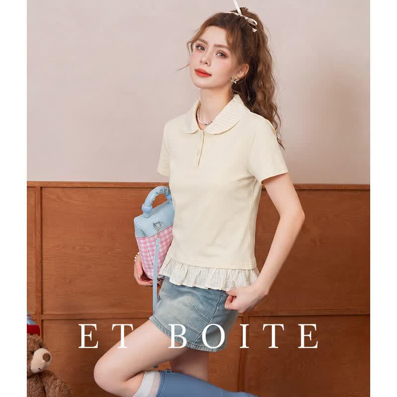 ET BOITE Women s Ruffle Short Sleeve Color-Block Polo T-Shirt S