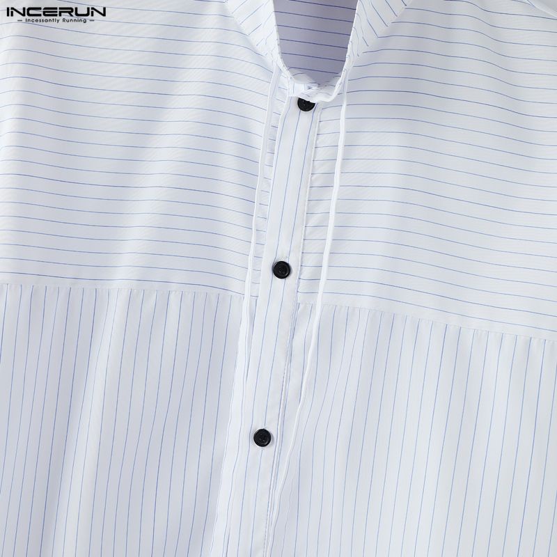INCERUN Men Spring Stand Neck Long Sleeve Striped Casual Oversized Shirts Tops