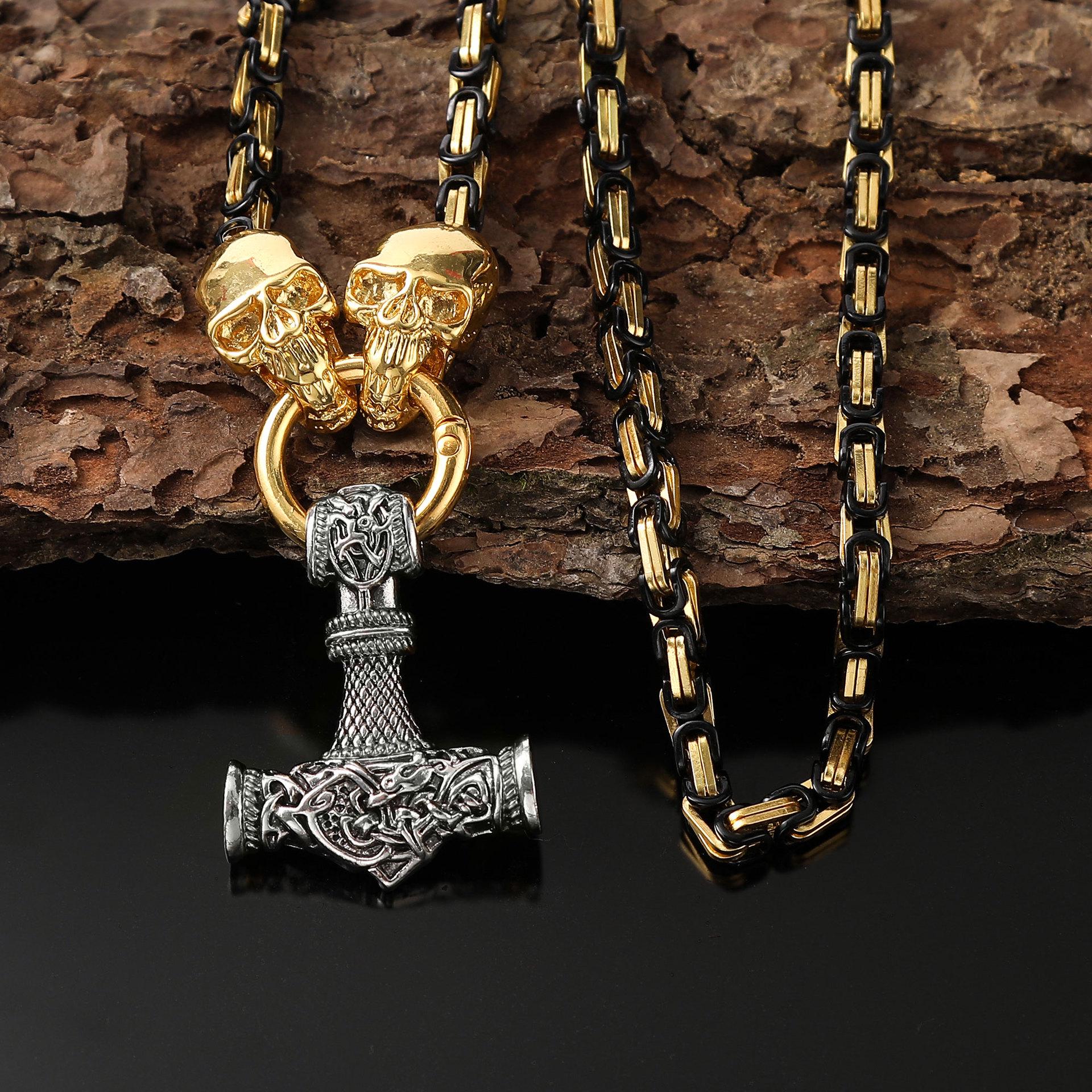 Retro Viking Skull Hammer Pendant Necklace with Stainless Steel Chain - European and American Fashion Jewelry Trend 60cm Chain