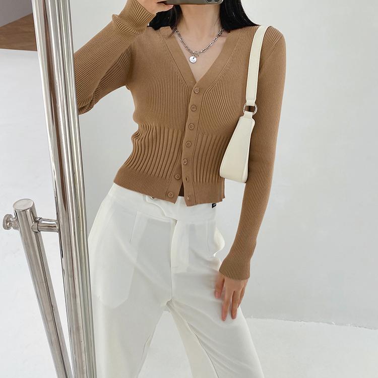 Frühling Herbst einfarbig Gestrickter Pullover Kurze Strickjacke Jacke Slim V-Ausschnitt Ausländischer Stil Mode einfarbige Pullover für Damen Kleidung