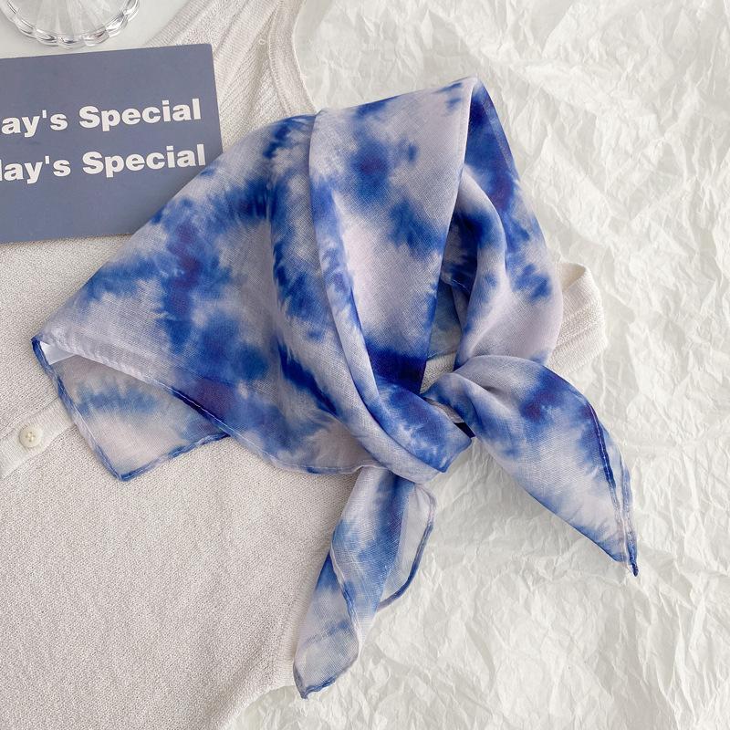 Flax small square scarf silk scarf women's headscarf neck protection scarf imitation blue dye handmade tie-dye scarf Yunnan yarn scarf thin scarf