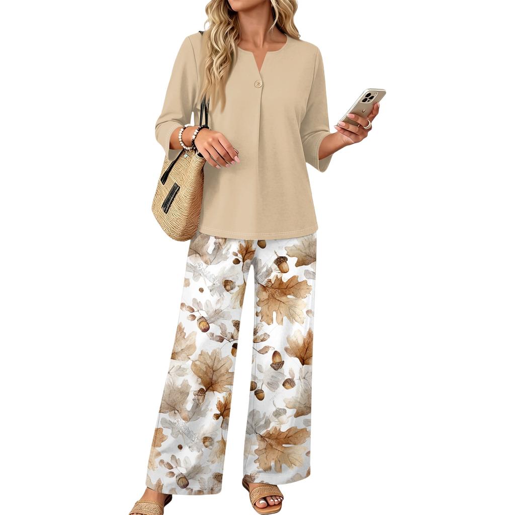 Women’s Casual Printed Button Top and Wide Leg Pants Two Piece Set with Three Quarter Sleeves Relaxed Fit Outfit for Daily Wear