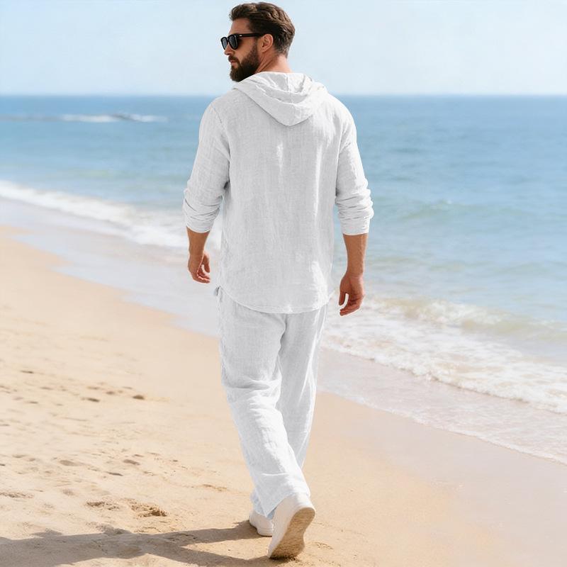 Men's Linen Hooded Long Sleeve and Pants Casual Home Wear Set - Spring/Autumn 2026 Collection