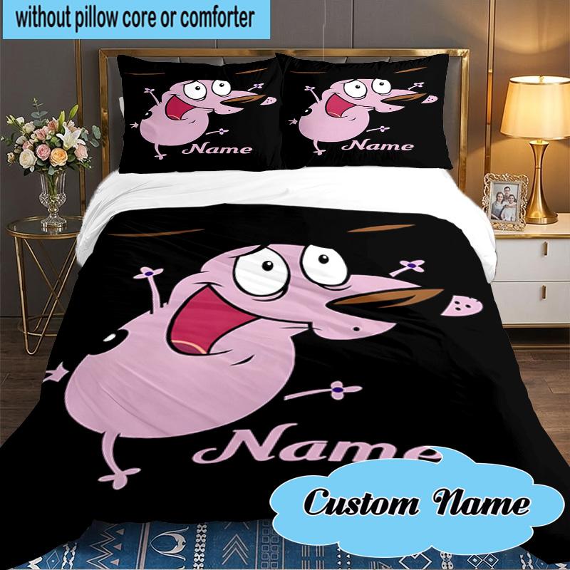 Custom Name 3PCS Pink Cartoon Characters Bedding Set Including 1pc Duvet Cover And 2pcs Pillowcases for Bedroom, Dormitory Gift Home Decor