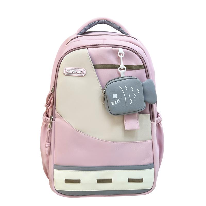 Large Capacity Color Block Student Backpack with Small Fish Pocket - Wear-Resistant Casual Design