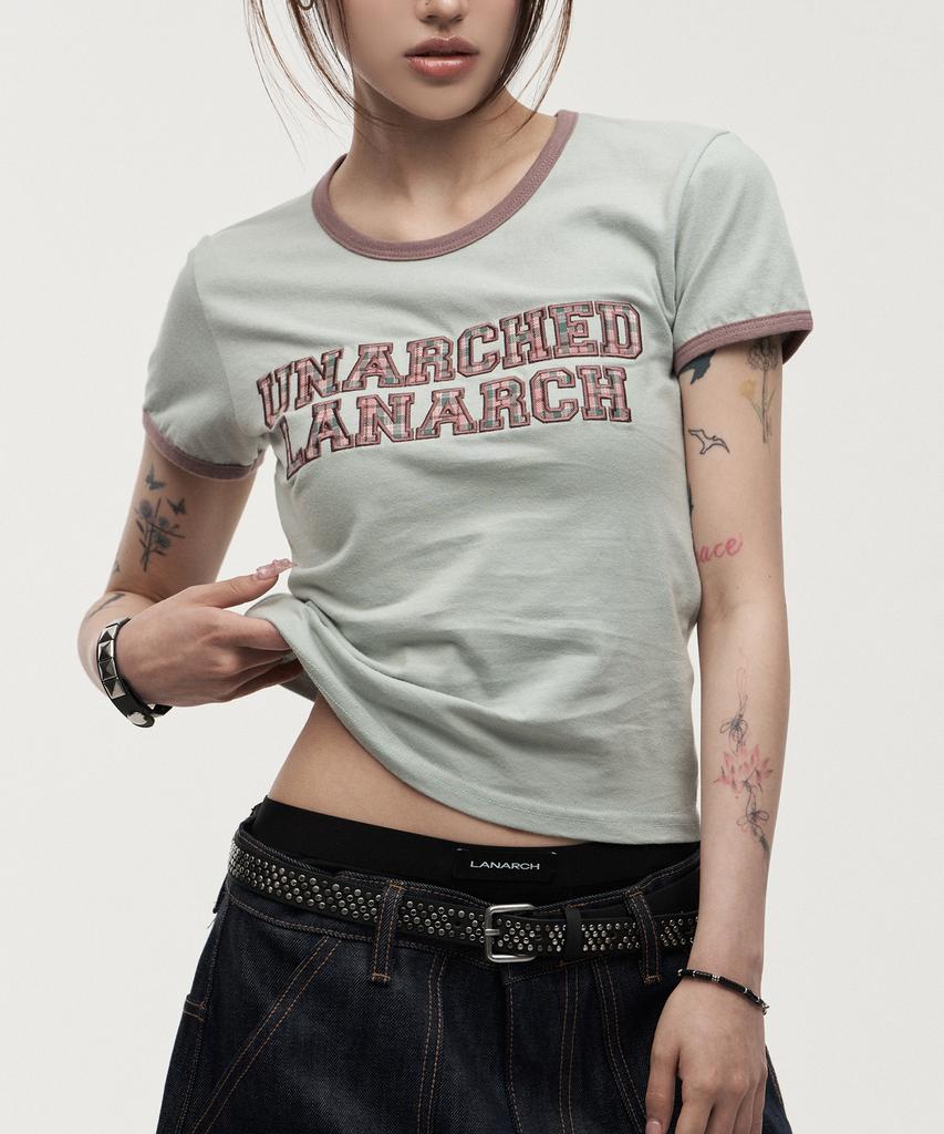 LANARCHIVE [0141] Lettering Applique Women'S Ringer T-Shirt - Dusty Mint