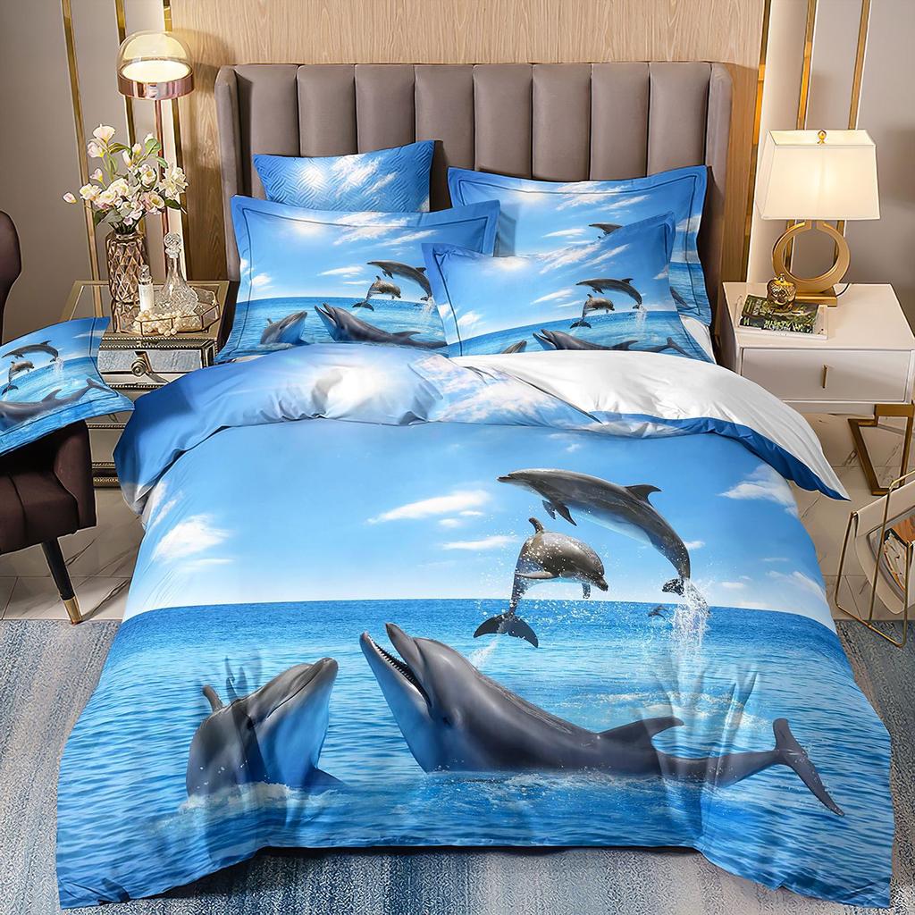 3D-gedruckte Heimtextilien Bettwäsche Delfin Meeresschildkröte Meerestier Quilt-Set Dreiteiliges Set