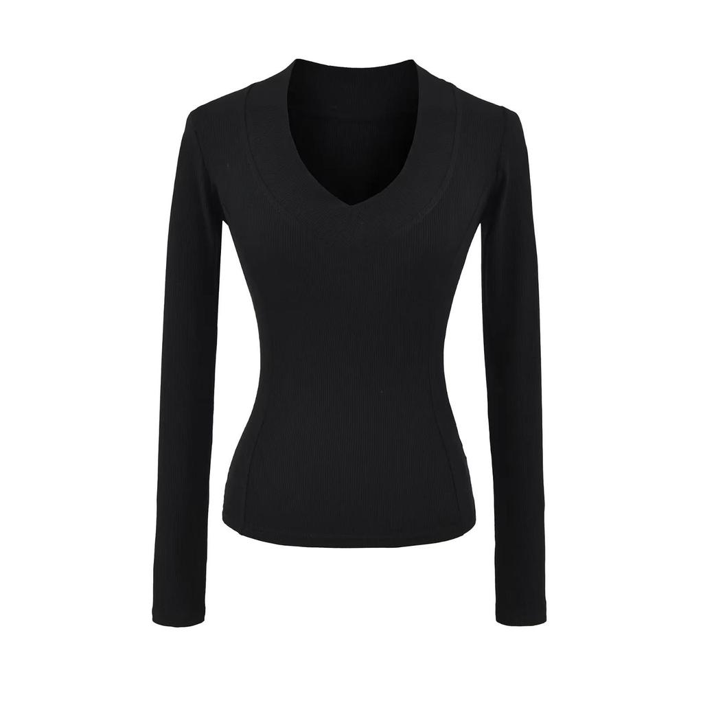 American Spicy Girl Deep V-Neck Long Sleeve Crop Top: Women's Slimming Waist, Regular Shoulder T-shirt for Autumn/Winter