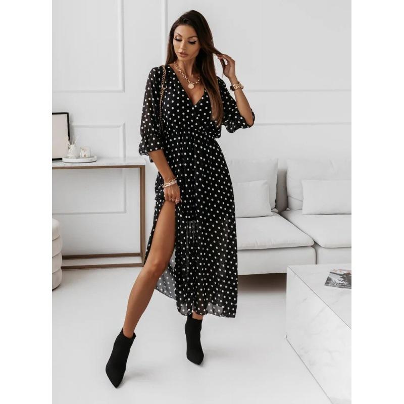 Women's Long Sleeve V-neck Printed Long Dress with Side Slits Clothes Sale