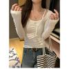 Irregular Button Design Fake Two-piece Threaded Long-sleeved T-shirt Bottoming Shirt for Women Scheming V-neck Short Top