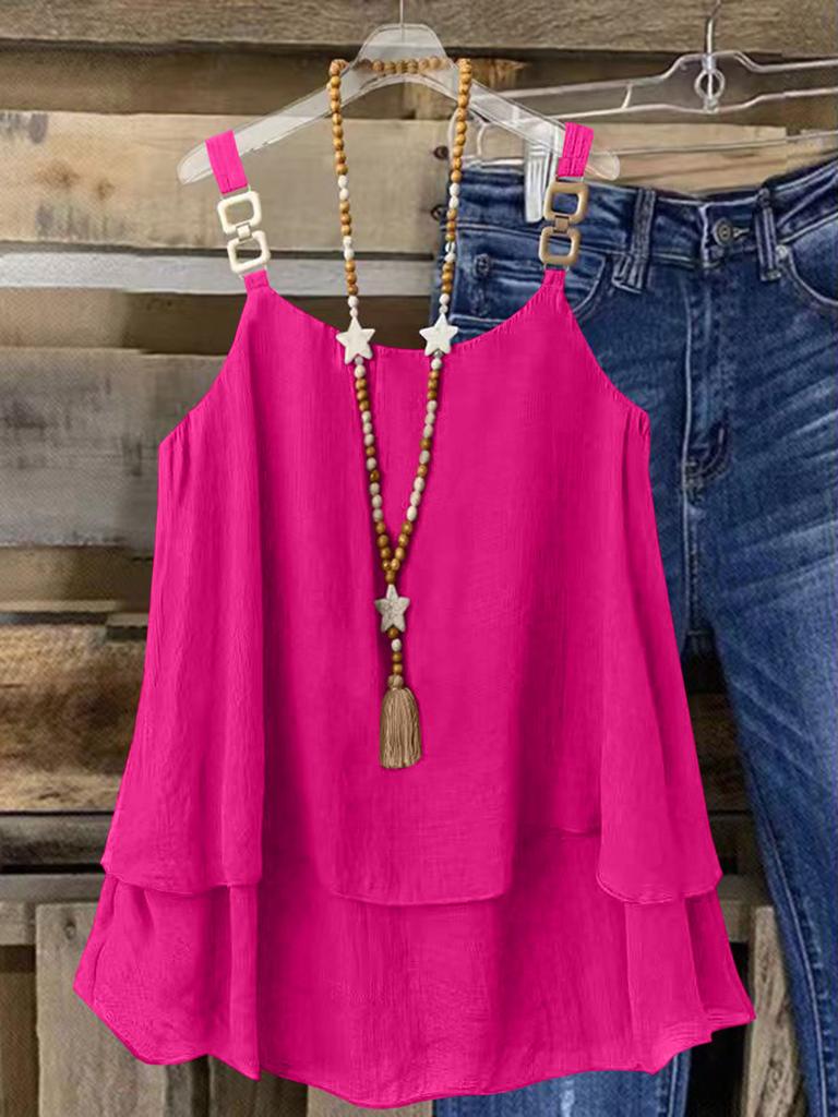Spring and summer new crew neck women's clothing casual loose fashion elegant commuter vacation solid color double suspender top