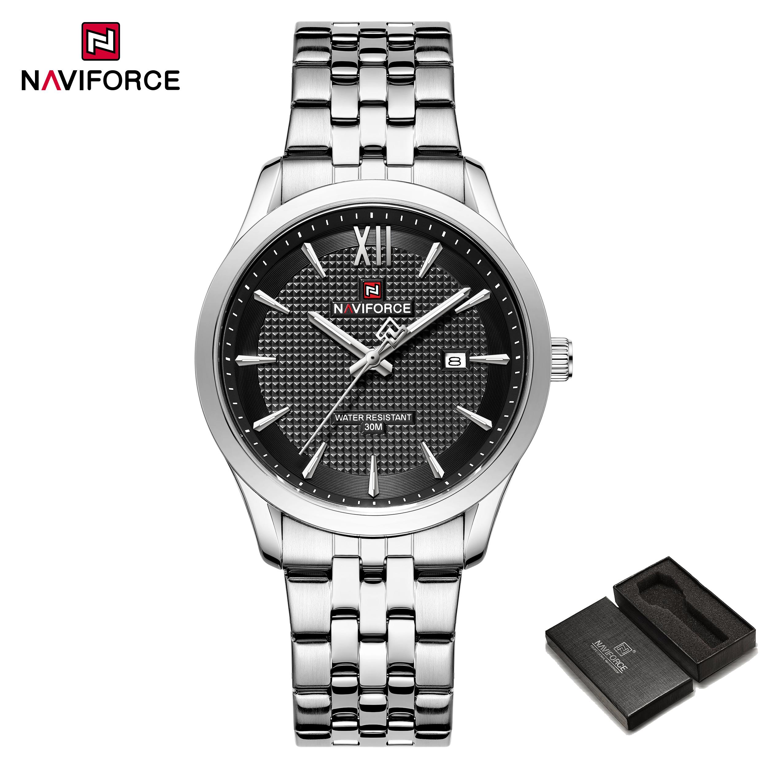 

NAVIFORCE Original Men Fashion Quartz Calendar Watch Luminous Hands Stainless Steel Strap Round Dial Waterproof Men Casual Watch NF9255 серебряный/чёрный
