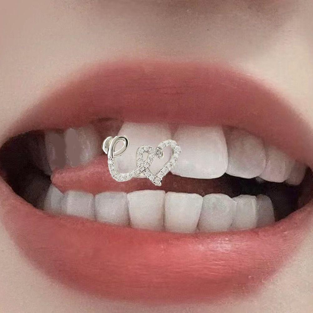 2Pcs Zircon Double Heart Teeth Caps Copper Hollow Love Tooth Grills Teeth Decoration