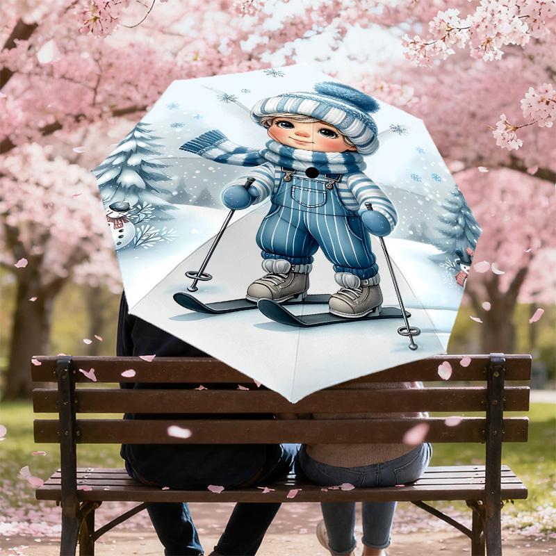 1PC Winter snowflakeAutomatic Open/Close Umbrella with Windproof, 8-Rib Sturdy Canopy, Durable Ribs, Fashionable Design, Outdoor Accessory, Fun Prin,