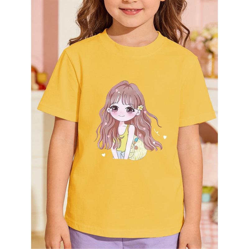 Girls Q-Style Flower Heart Print Crewneck Short Sleeve Tee, Sweet Ins Casual Basic Top