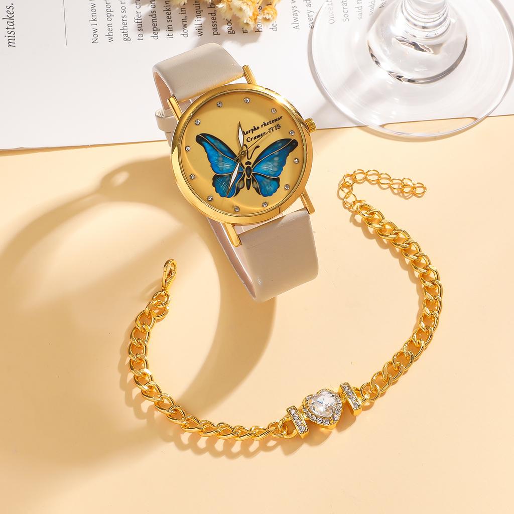 2-piece set of college style Korean style fashionable and versatile blue butterfly belt watch with bracelet without gift box