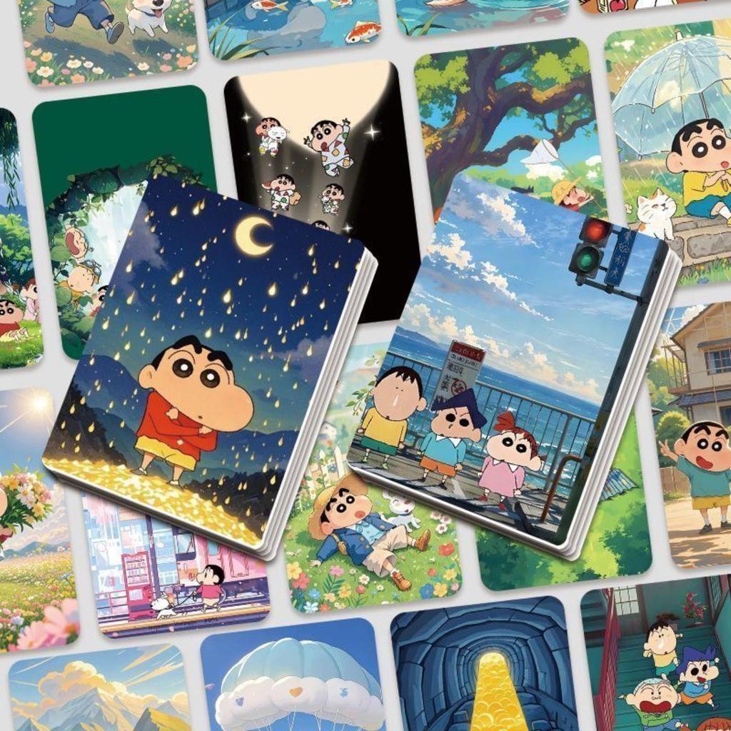 Crayon Shin Chan Anime Figures Cartoon Game Card Double Sided Laser Peripheral Cards Box Of 55 Unique Lomo Flash Cards Toys Gift