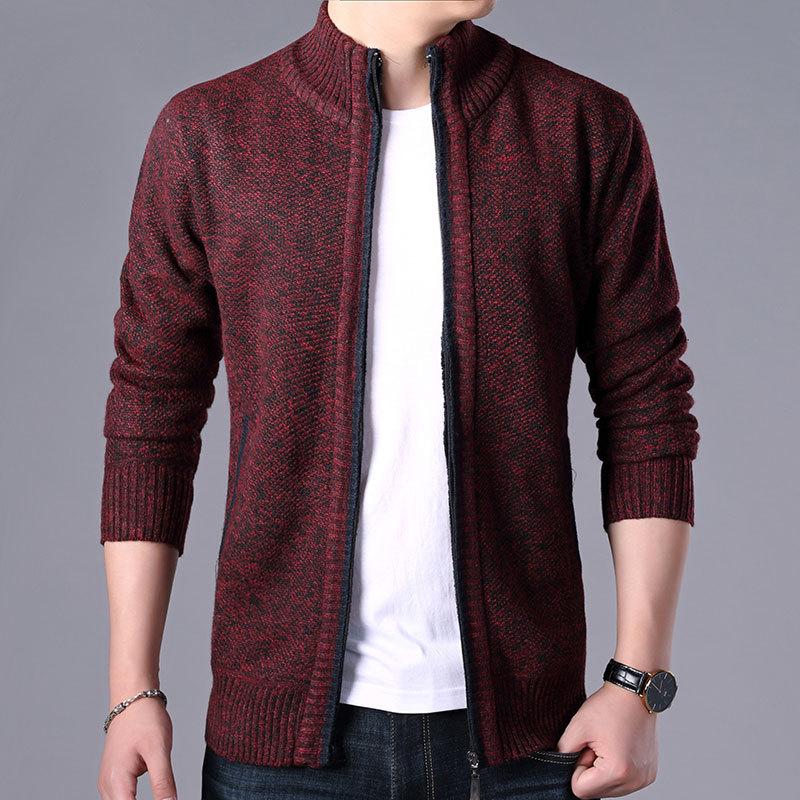 Men's Korean Style Loose Plus Size Fleece-Lined Cardigan Sweater - Solid Color, Autumn/Winter