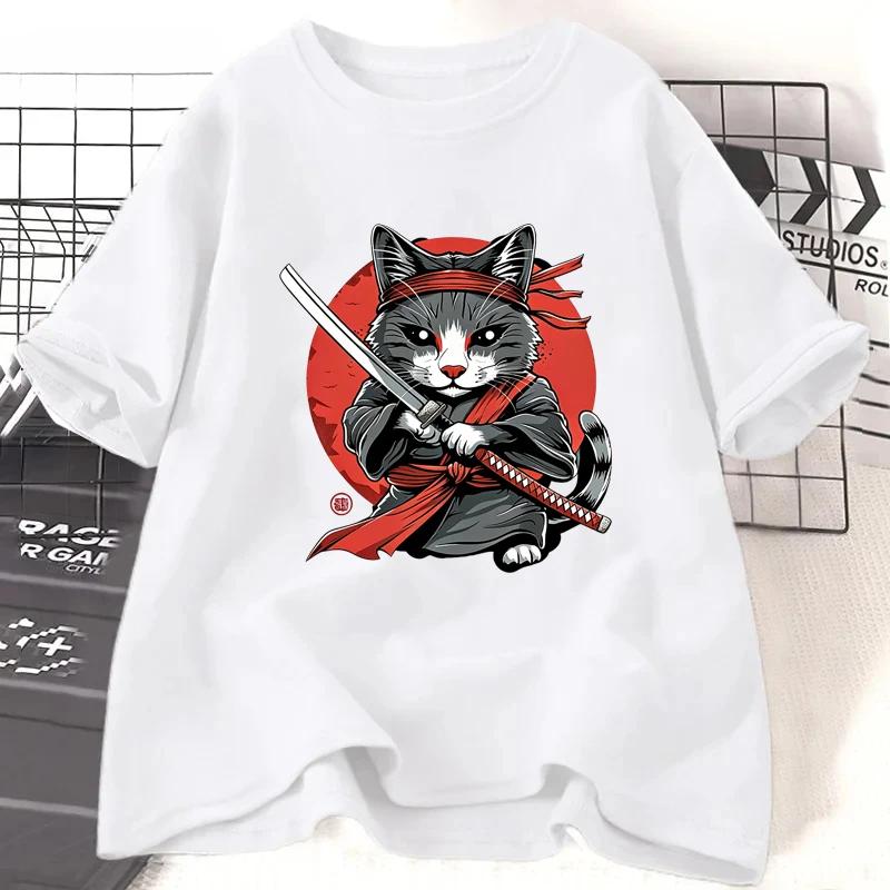 Samurai Cat Print Tshirts Summer Casual Harajuku Fashion Unisex Streetwear Y2K Short Sleeve Tops Oversize ONeck Tshirts