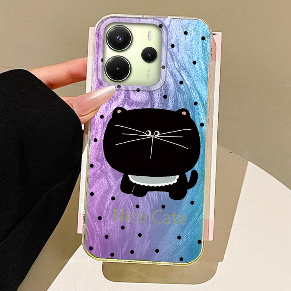 Big Headed Black Cat Circular Dots Phone Case for Xiaomi Redmi 13C 14C A5 A3 A4 A3X Note 14 13 12 11 11S 10 Pro Silicone Cover