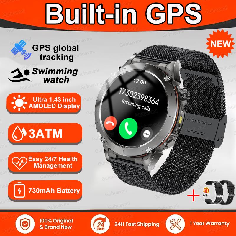 Military Quality GPS Sports Smartwatch Bluetooth Call Health Monitoring Compass 3ATM Waterproof Swimming Smart Watch