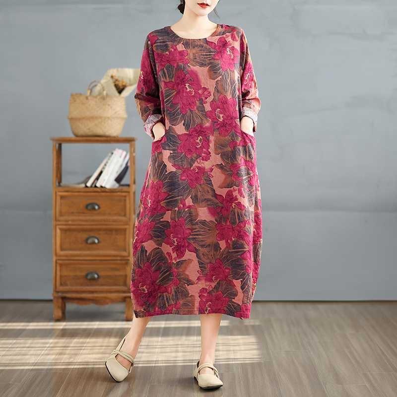 Round Neck Long Sleeve Loose Plus Size Long Dresses