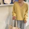 Knitted Heart Pattern Women Sweater Sweet Loose Short Pull Pullover Simple Casual Style V-neck Long Sleeve Top Korean Fashion