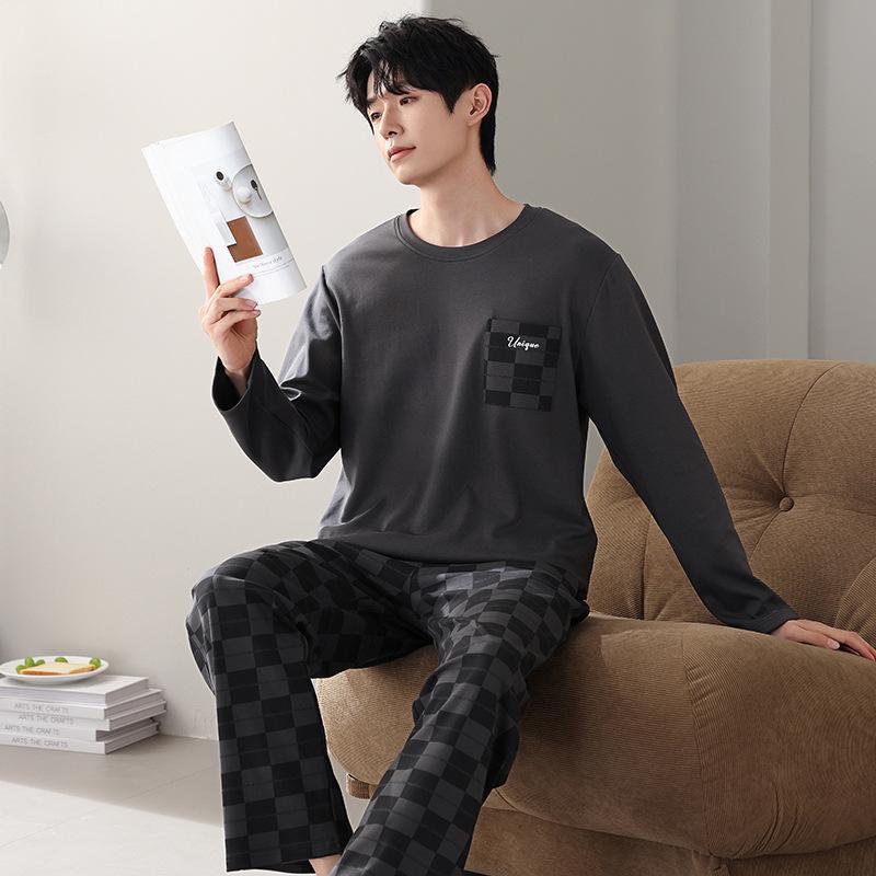 Men'S Pajamas Men'S Spring And Autumn Pure Cotton Long-Sleeved Men'S Autumn Cotton Casual Loungewear Set