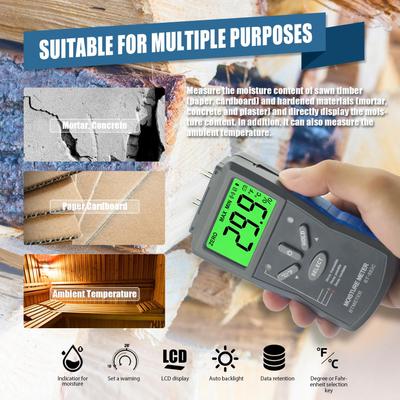 Precision Wood & Hardened Material Moisture Meter, 6%~42%/0.2%~2% Range, with Temp Sensor, LCD Backlight, Portable