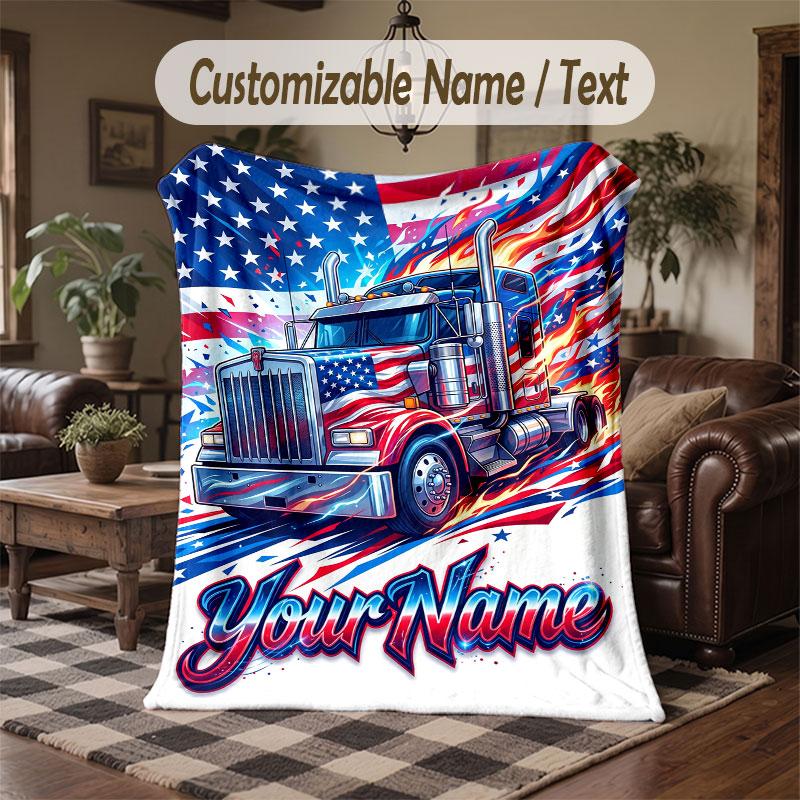 Truck Theme Throw Blanket Custom Name Text Personalized Blanket Soft Cozy Blanket for Home Sofa Bed
