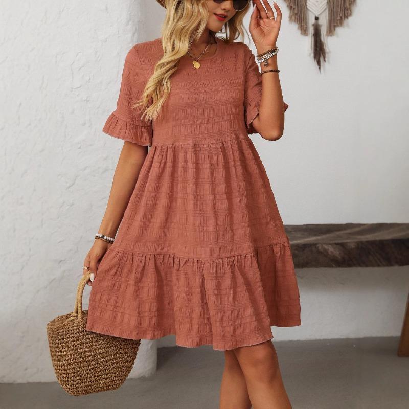 Women's Summer Casual Dress with Crew-neck and Flared Sleeves