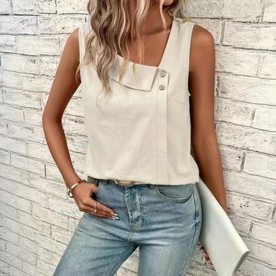 Women Tops Skew Collar Sleeveless Loose Fit Casual Tops Pure Color Buttons Decor Pullover Vest Summer Casual Wear