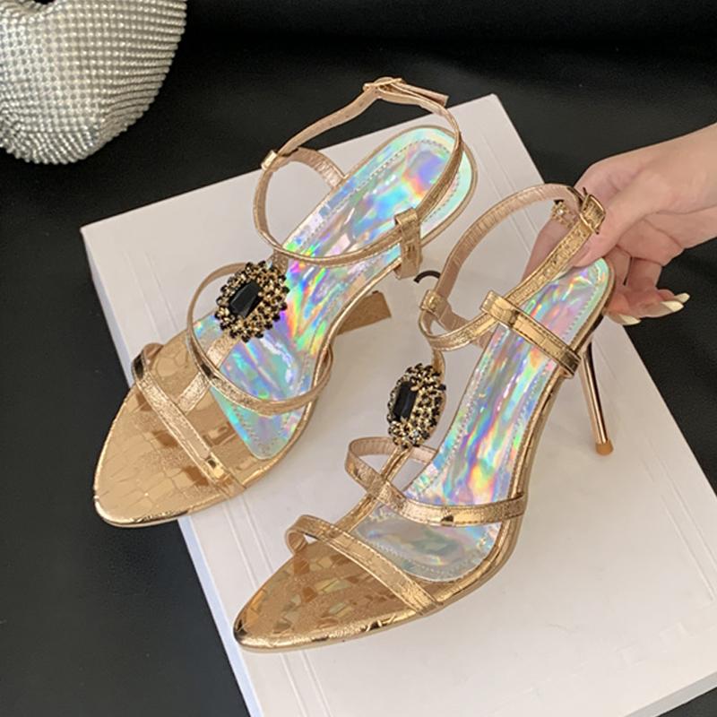 

2025 New Fashion Gem Strap Ankle Buckle Women Sandals Summer Open Toe Gold High Heels Wedding Prom Shoes Zapatos Mujer 35 золотой