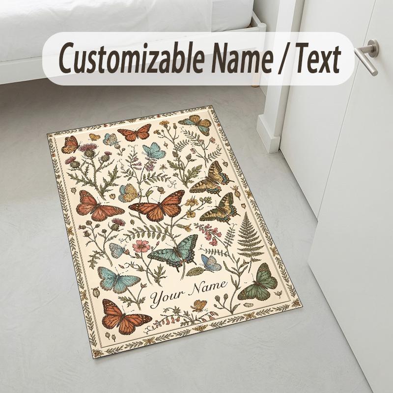 Butterflies Birds Night Theme Soft Crystal Velvet Rug Custom Name & Text Print Non Slip Floor Rug for Bedroom Living Room