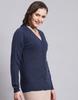 MONTE CARLO Womens Solid Navy Blue V Neck Full Sleeve Cardigan