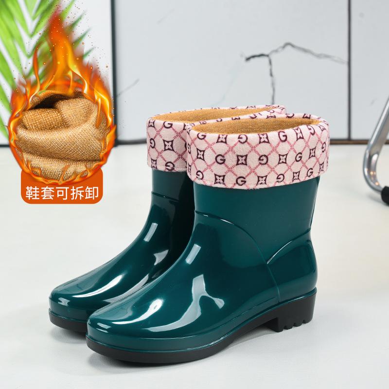 New medium tube rain shoes fashionable women's rain boots velvet warm water shoes waterproof and non-slip beef tendon sole rubber shoes