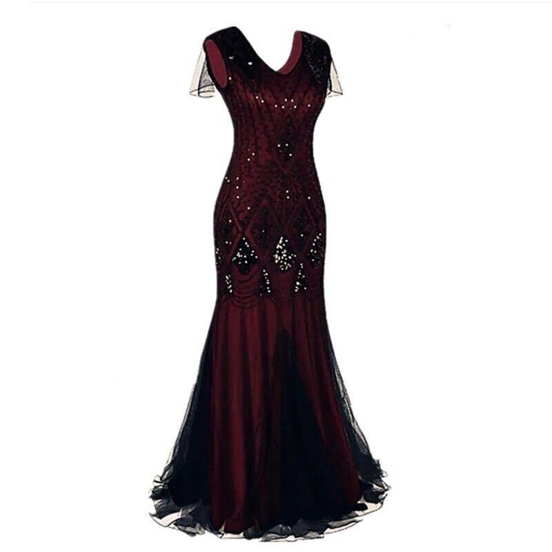 

S-4Xl European and American Style 1920S Banquet Foreign Trade New Handmade Embroidery Beaded Sequin Amazon Stage Dress Dark Red XL