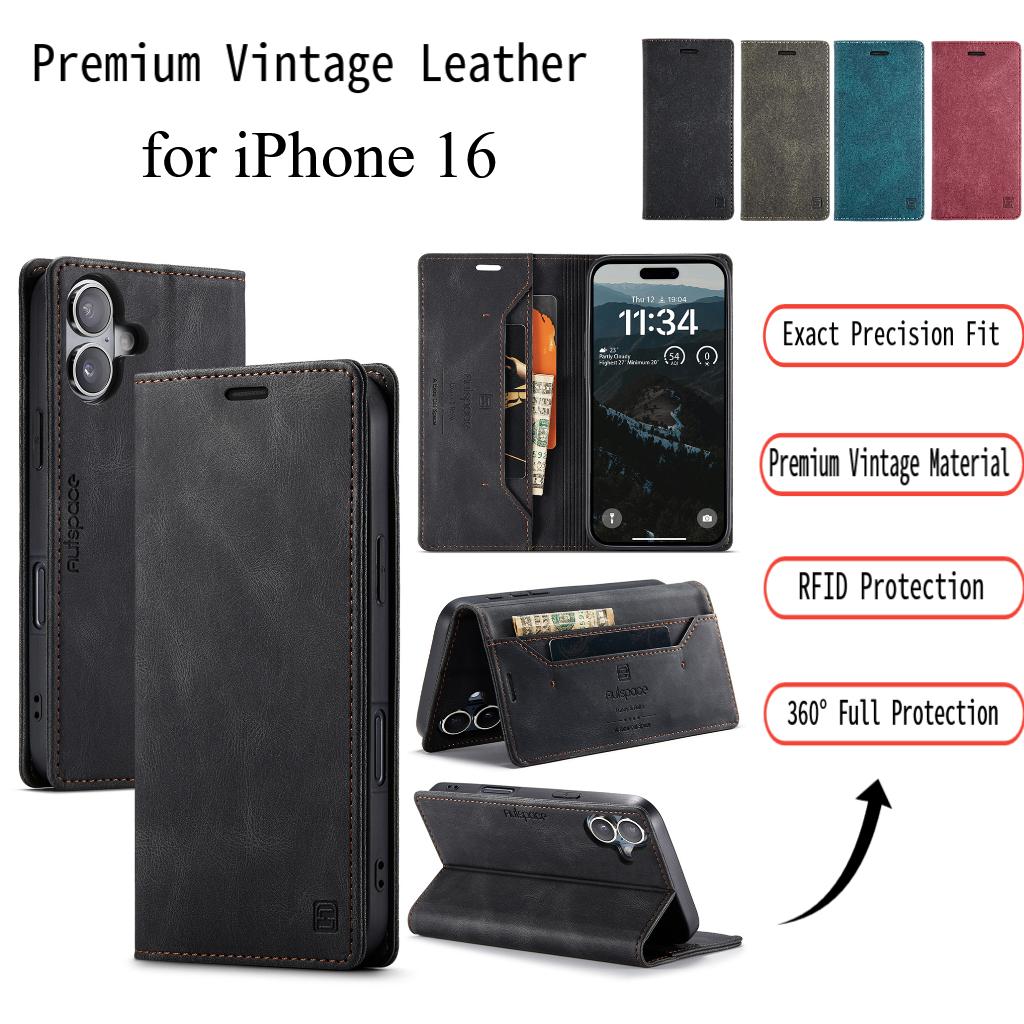 For iPhone 16 Vintage Leather Flip Wallet Case with RFID Blocking Card Slot, Matte Retro Folio Cover for Women Men (4 Colors)