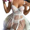 European & American Sexy Women's See-Through Lace Mesh Suspender Lingerie Nightgown Set