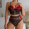 Rose embroidered mesh deep V hollow gathering bra large size sex suit prom queen outfit