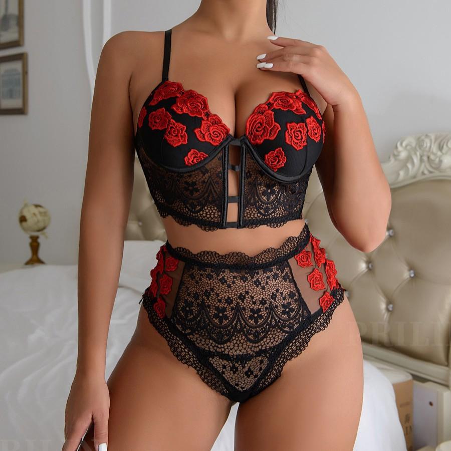 Rose embroidered mesh deep V hollow gathering bra large size sex suit prom queen outfit
