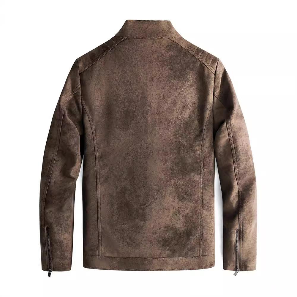Fleece thermal locomotive leather jacket men's autumn and winter retro stand-up collar leisure travel pu leather jacket
